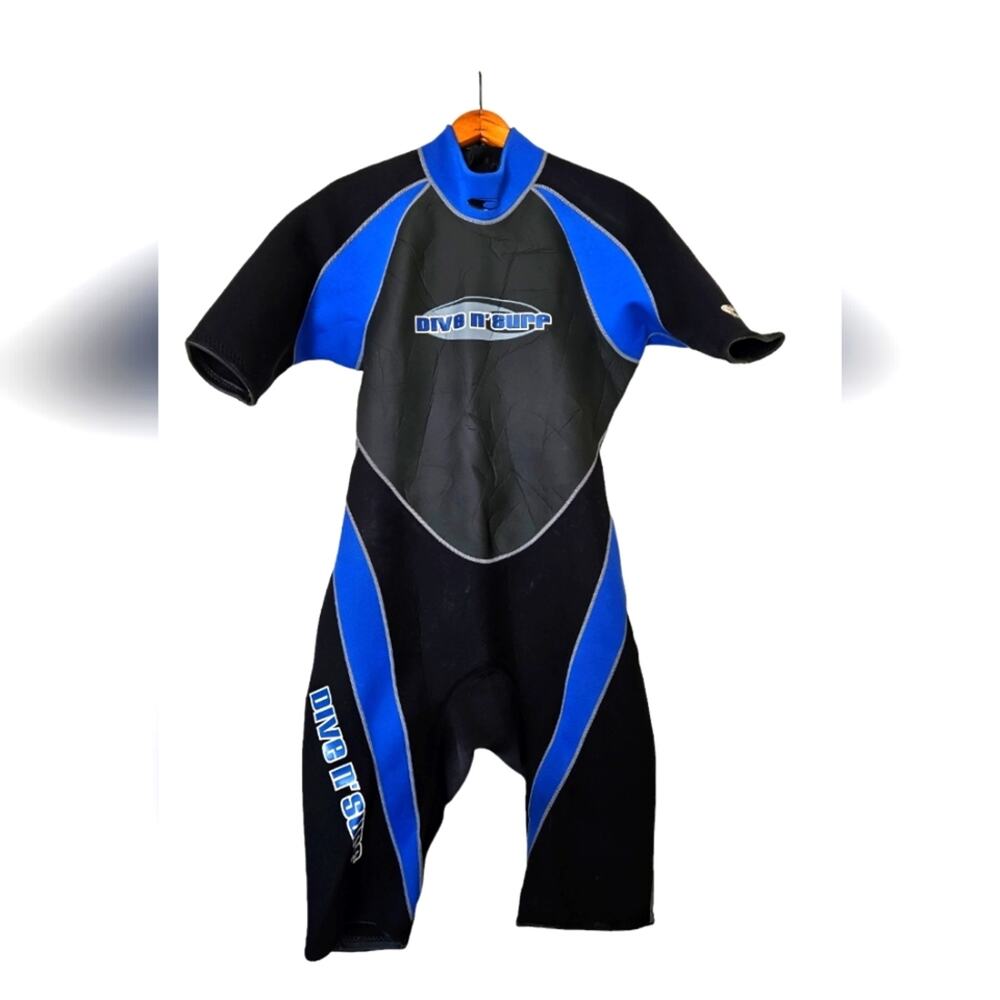 XL men's Shorty Wet Suit by Dive N' Surf, black & blue colors, velcro & zipper